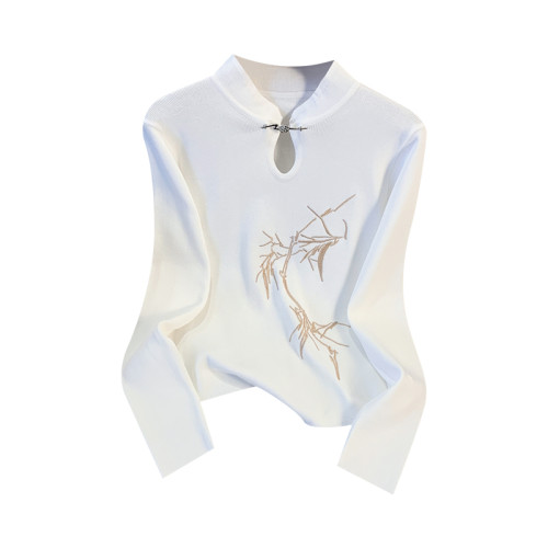 撿漏新中式國風竹子刺綉長袖T恤女秋冬季氣質立領盤釦短款針織衫