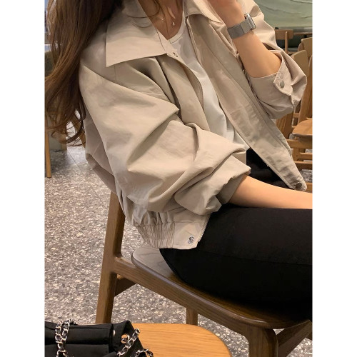 高級感氣質純色短外套女韓版簡約休閒百搭夾克工裝上衣春秋新款