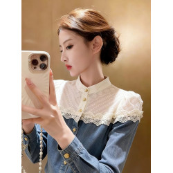 春季獨特漂亮又a又颯上衣設計感小衆巨好看淺藍色牛仔拼接襯衫女