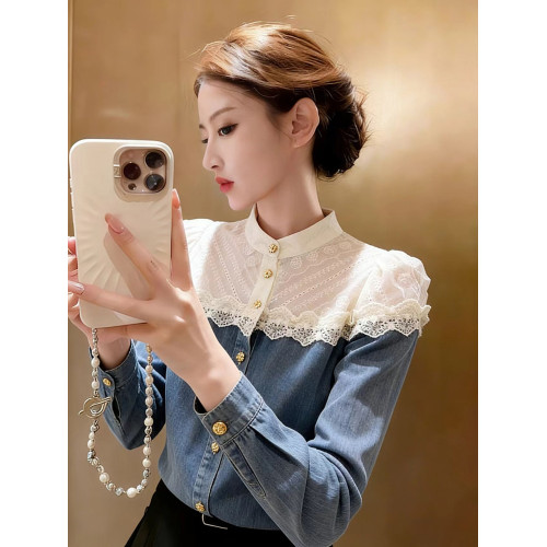 春季獨特漂亮又a又颯上衣設計感小衆巨好看淺藍色牛仔拼接襯衫女