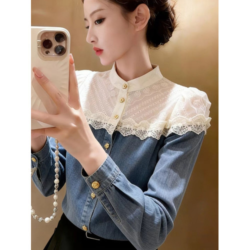 春季獨特漂亮又a又颯上衣設計感小衆巨好看淺藍色牛仔拼接襯衫女