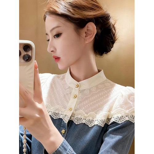 春季獨特漂亮又a又颯上衣設計感小衆巨好看淺藍色牛仔拼接襯衫女