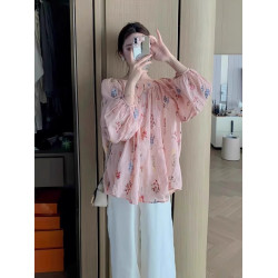 甜美風粉色碎花襯衫女夏新款設計感小衆寬鬆鏤空薄款長袖防曬上衣