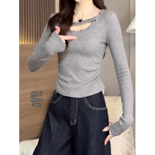 2026秋季新品灰色方領長袖T恤女高級辣妹洋氣街頭小衆設計感上衣