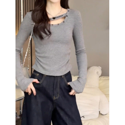 2026秋季新品灰色方領長袖T恤女高級辣妹洋氣街頭小衆設計感上衣