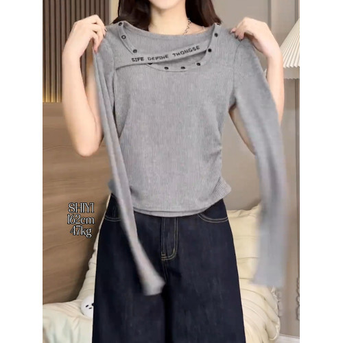 2026秋季新品灰色方領長袖T恤女高級辣妹洋氣街頭小衆設計感上衣