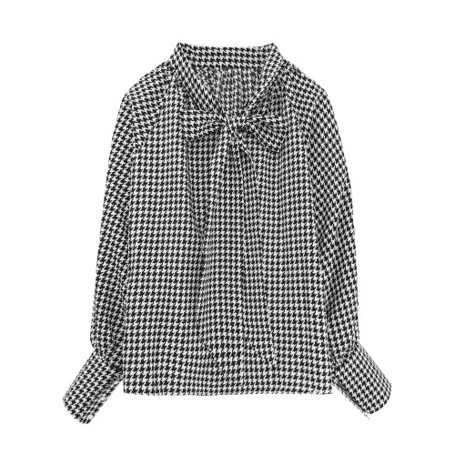 格子飄帶襯衫女秋季設計感小衆上衣2025新款長袖蝴蝶結千鳥格襯衣 格子飄帶襯衫女秋季設計感小衆上衣2025新款長袖蝴蝶結千鳥格襯衣