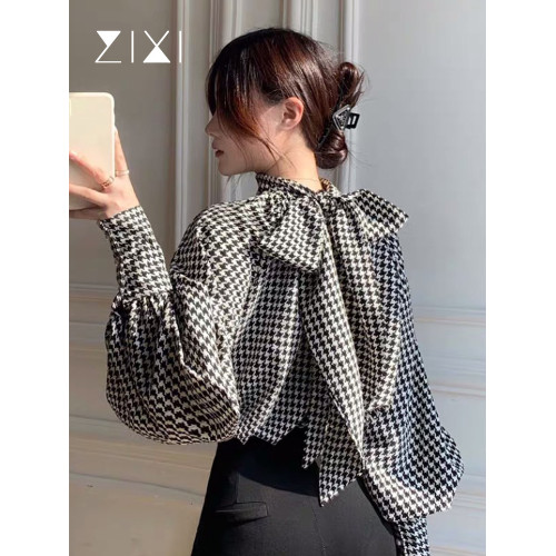 格子飄帶襯衫女秋季設計感小衆上衣2025新款長袖蝴蝶結千鳥格襯衣 格子飄帶襯衫女秋季設計感小衆上衣2025新款長袖蝴蝶結千鳥格襯衣