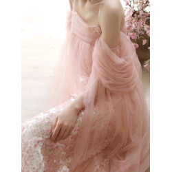 2026新中式晨袍女高級感粉色抹胸網紗連衣裙宴會人魚姬輕紗晚禮服