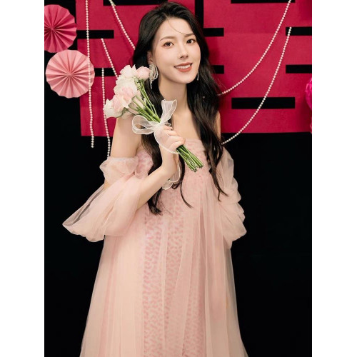2026新中式晨袍女高級感粉色抹胸網紗連衣裙宴會人魚姬輕紗晚禮服
