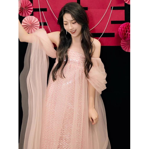2026新中式晨袍女高級感粉色抹胸網紗連衣裙宴會人魚姬輕紗晚禮服