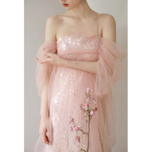 2026新中式晨袍女高級感粉色抹胸網紗連衣裙宴會人魚姬輕紗晚禮服