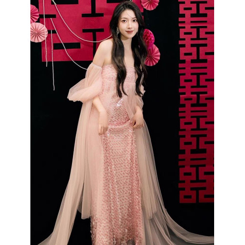 2026新中式晨袍女高級感粉色抹胸網紗連衣裙宴會人魚姬輕紗晚禮服