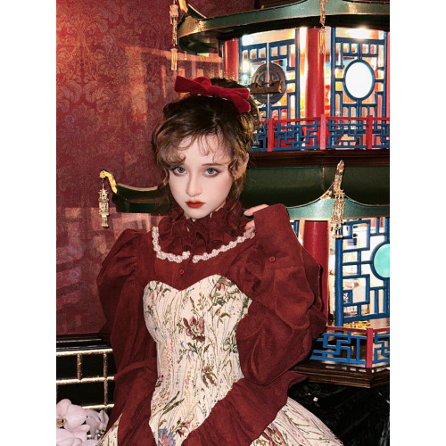 1uu Studio 萬聖節聖誕新年氛圍感抹胸提花連衣裙女暗紅襯衫套裝