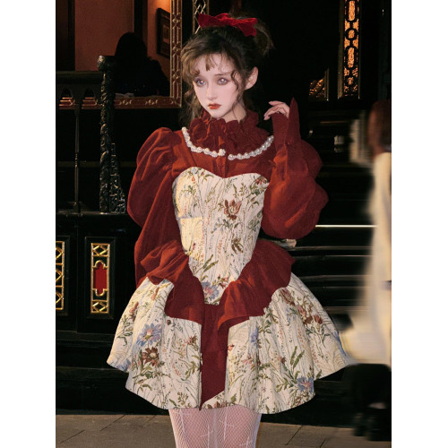 1uu Studio 萬聖節聖誕新年氛圍感抹胸提花連衣裙女暗紅襯衫套裝