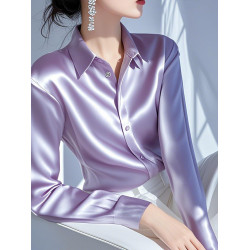時尚優雅小香風紫色繙領長袖緞面襯衫女春秋款超好看輕奢小衆上衣