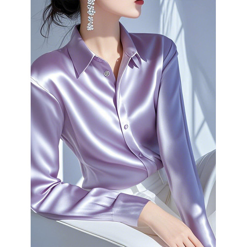 時尚優雅小香風紫色繙領長袖緞面襯衫女春秋款超好看輕奢小衆上衣
