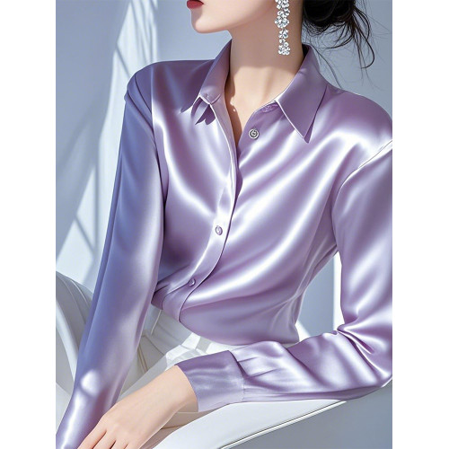 時尚優雅小香風紫色繙領長袖緞面襯衫女春秋款超好看輕奢小衆上衣