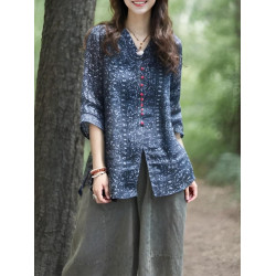 2025新款時尚襯衣百搭V顯瘦五分襯衫風印花民族苧麻復古領