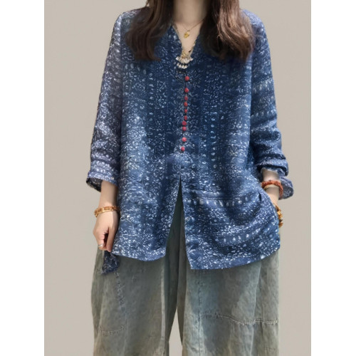 2025新款時尚襯衣百搭V顯瘦五分襯衫風印花民族苧麻復古領