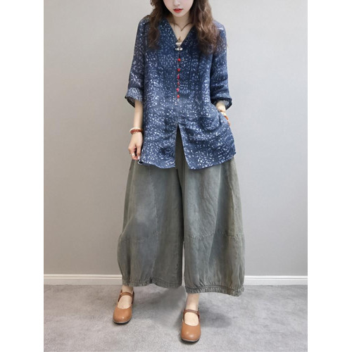 2025新款時尚襯衣百搭V顯瘦五分襯衫風印花民族苧麻復古領