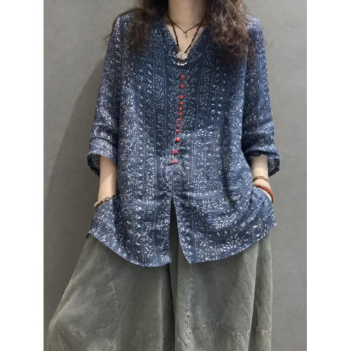 2025新款時尚襯衣百搭V顯瘦五分襯衫風印花民族苧麻復古領