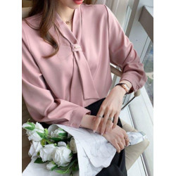 2025年春夏新款蝴蝶結職業白色雪紡襯衫女上衣氣質V領打底衫夏裝