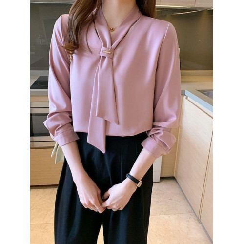 2025年春夏新款蝴蝶結職業白色雪紡襯衫女上衣氣質V領打底衫夏裝