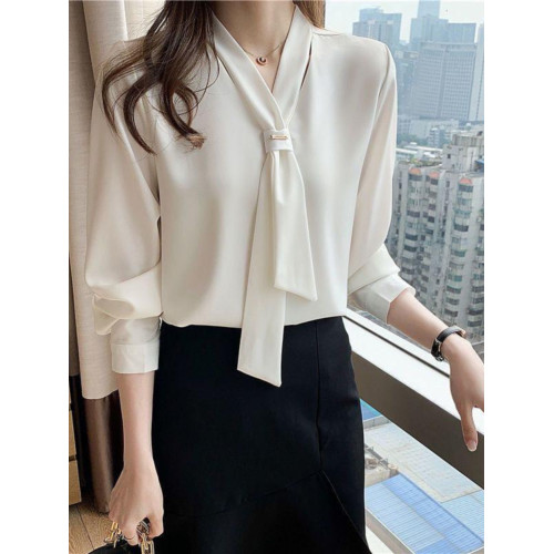 2025年春夏新款蝴蝶結職業白色雪紡襯衫女上衣氣質V領打底衫夏裝