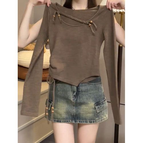 2026秋季新品咖色短款長袖T恤女純色辣妹洋氣高級小衆顯瘦上衣