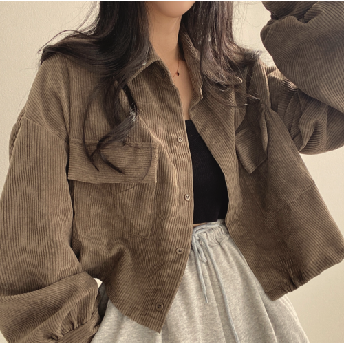 燈芯絨外套女秋季2024新款灰色開衫襯衫女短款小衆黑色襯衫上衣女