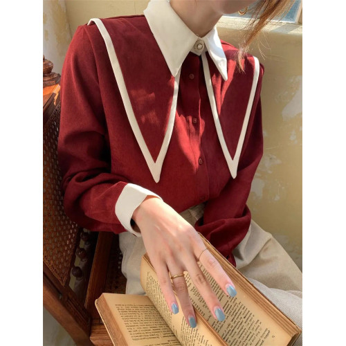 長袖襯衫春秋新款韓系學院風拼色繙領時尚洋氣寬鬆顯瘦薄款上衣女