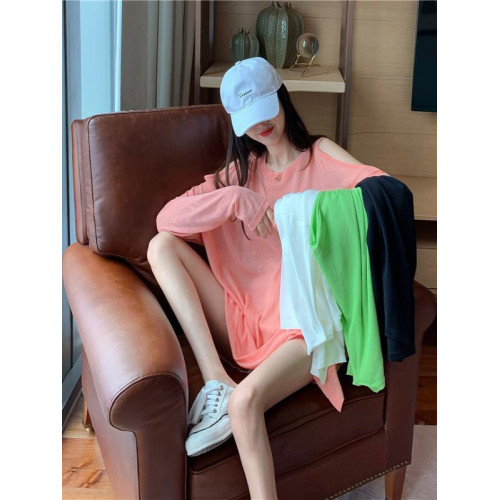 胖mm200斤大碼女裝夏季薄款露肩微透寬鬆顯瘦長袖T恤防曬衣罩衫潮