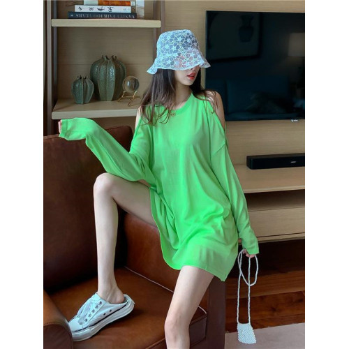 胖mm200斤大碼女裝夏季薄款露肩微透寬鬆顯瘦長袖T恤防曬衣罩衫潮