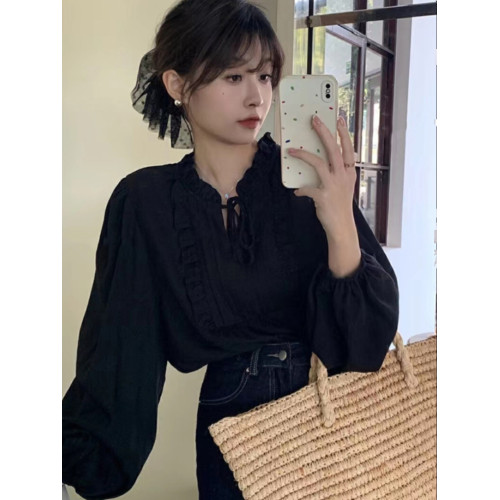 復古小衆設計感木耳邊黑色襯衫春季高級感法式獨特別致絕美小上衣