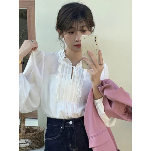 復古小衆設計感木耳邊黑色襯衫春季高級感法式獨特別致絕美小上衣