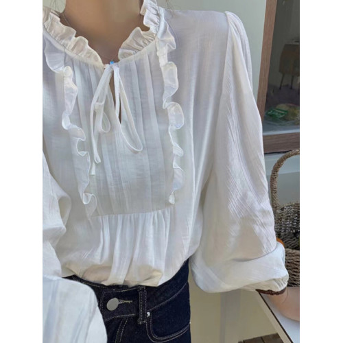 復古小衆設計感木耳邊黑色襯衫春季高級感法式獨特別致絕美小上衣