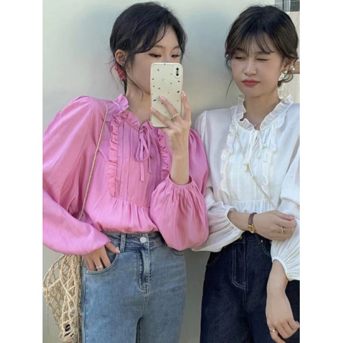 復古小衆設計感木耳邊黑色襯衫春季高級感法式獨特別致絕美小上衣