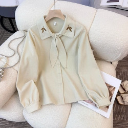 小衆秋冬設計感刺綉百搭外穿法式蝴蝶結系帶燈芯絨時尚襯衫女上衣