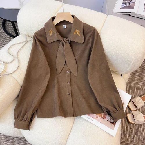 小衆秋冬設計感刺綉百搭外穿法式蝴蝶結系帶燈芯絨時尚襯衫女上衣