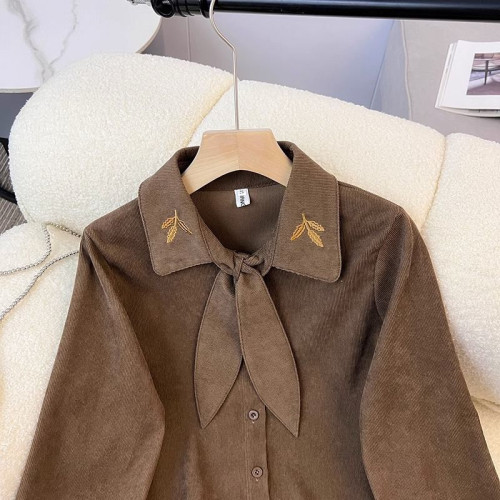 小衆秋冬設計感刺綉百搭外穿法式蝴蝶結系帶燈芯絨時尚襯衫女上衣