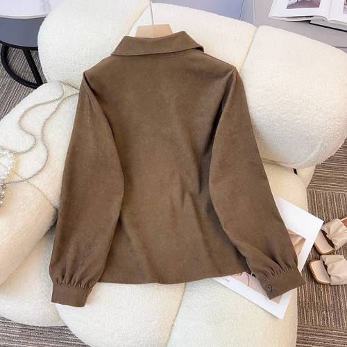 小衆秋冬設計感刺綉百搭外穿法式蝴蝶結系帶燈芯絨時尚襯衫女上衣