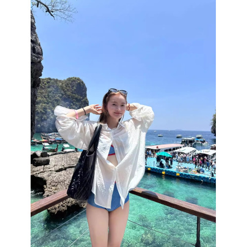 慵懶風白色薄款長袖防曬襯衫女夏季微透開衫襯衣外套寬鬆休閒上衣