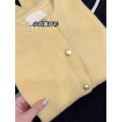 原單女裝專櫃撤廻小香風黃色圓領針織開衫秋冬浣熊絨毛衣外套