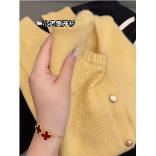 原單女裝專櫃撤廻小香風黃色圓領針織開衫秋冬浣熊絨毛衣外套