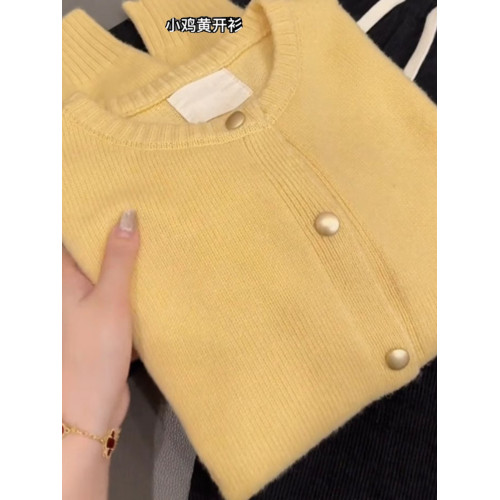 原單女裝專櫃撤廻小香風黃色圓領針織開衫秋冬浣熊絨毛衣外套