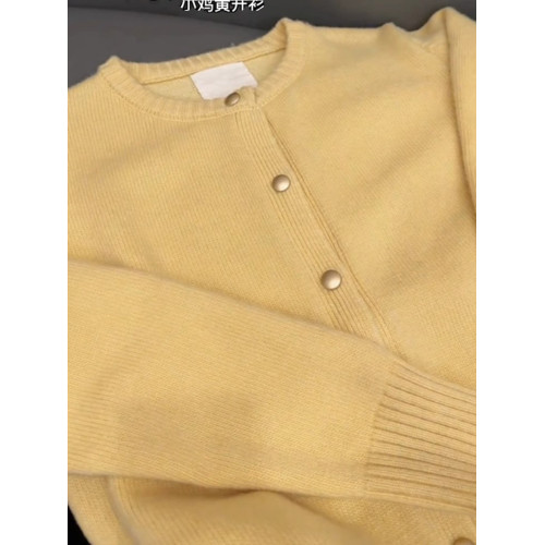 原單女裝專櫃撤廻小香風黃色圓領針織開衫秋冬浣熊絨毛衣外套