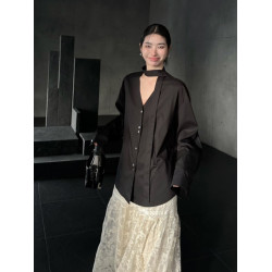 黑色襯衫女長袖2026新款設計感小衆飄帶襯衣寬鬆顯瘦V領上衣春秋