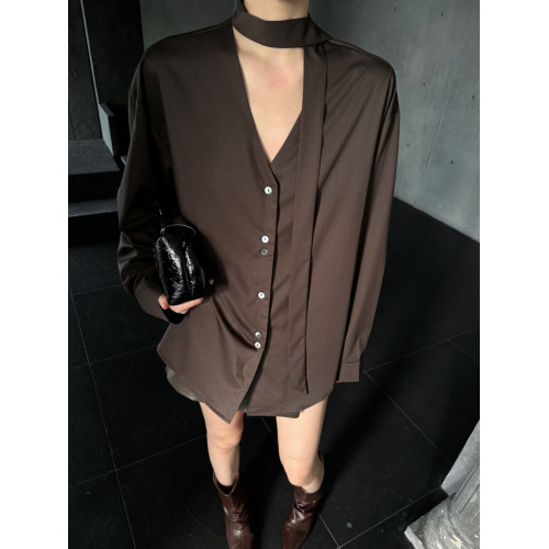 黑色襯衫女長袖2026新款設計感小衆飄帶襯衣寬鬆顯瘦V領上衣春秋 黑色襯衫女長袖2026新款設計感小衆飄帶襯衣寬鬆顯瘦V領上衣春秋