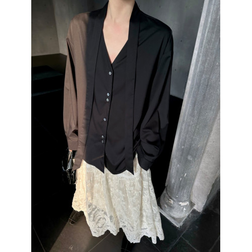 黑色襯衫女長袖2026新款設計感小衆飄帶襯衣寬鬆顯瘦V領上衣春秋 黑色襯衫女長袖2026新款設計感小衆飄帶襯衣寬鬆顯瘦V領上衣春秋